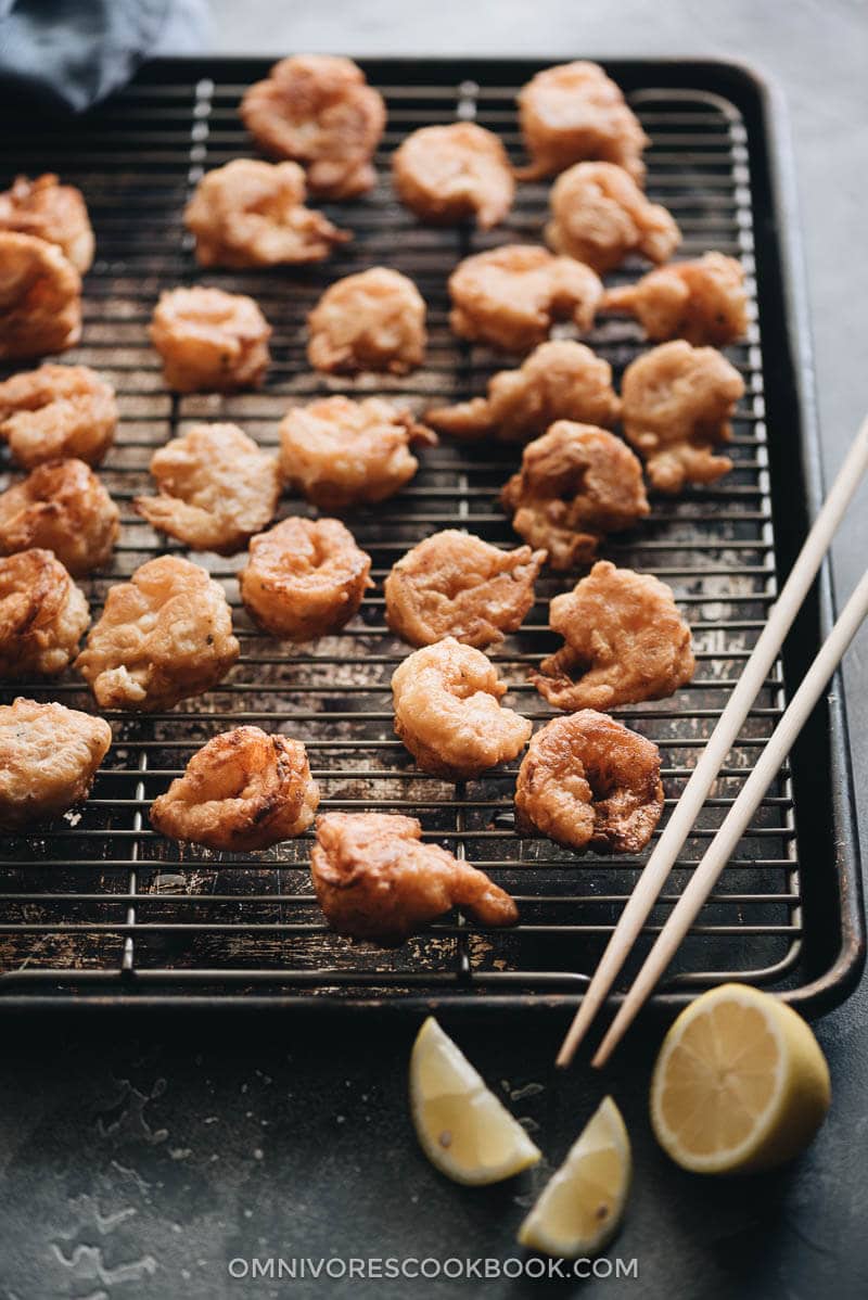 Close-up of fried shrimp on a cooking rack