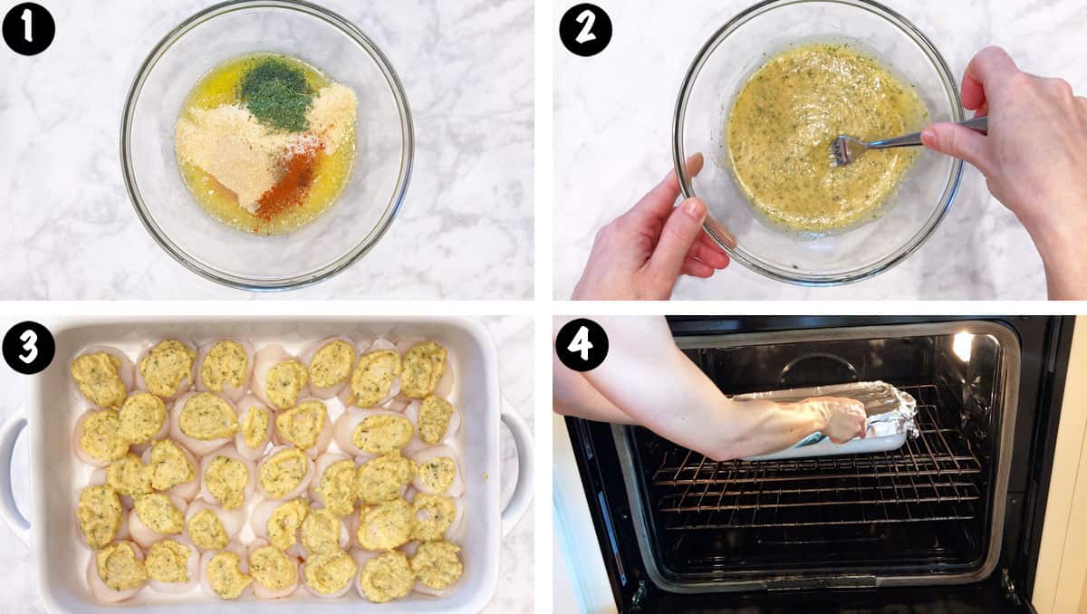 The collage shows steps 1-4 for baking scallops in the oven.