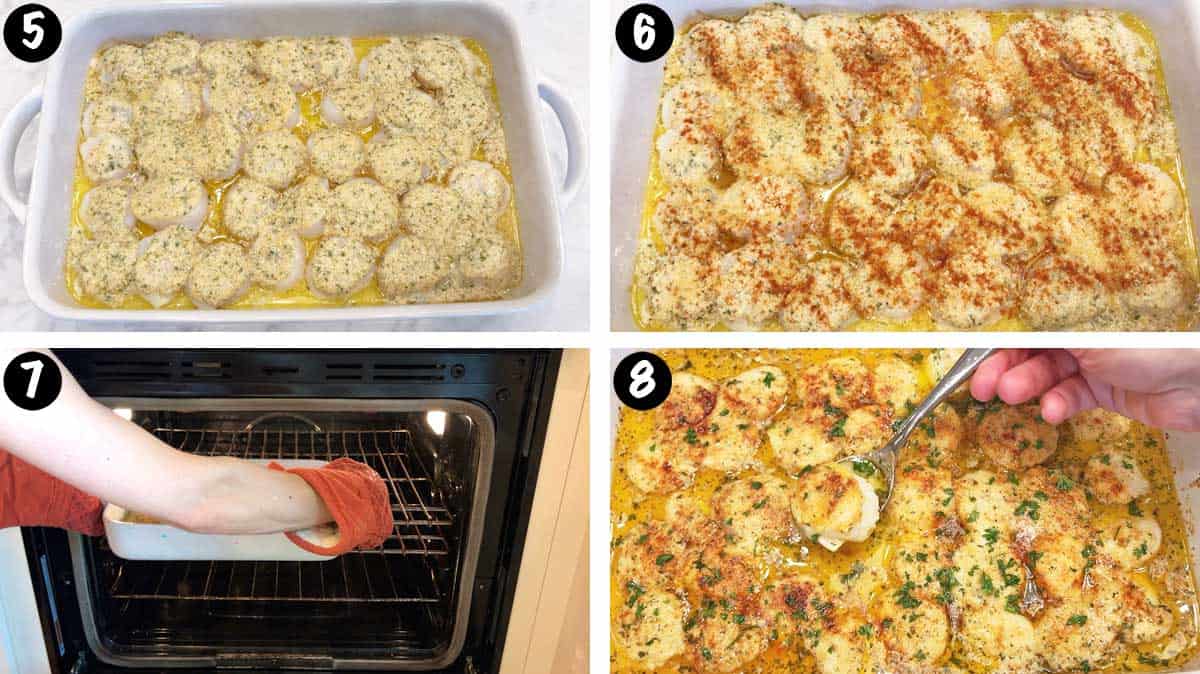 A collage showing steps 5-8 to make grilled scallops.