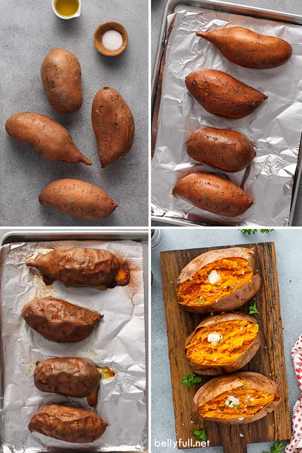 4 steps of photo collage for how to bake sweet potatoes