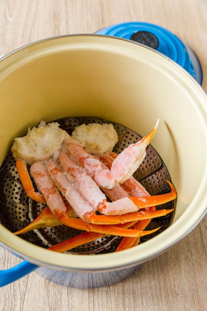 Crab legs in steaming basket