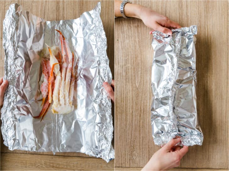 Crab legs in foil package for baking and grilling
