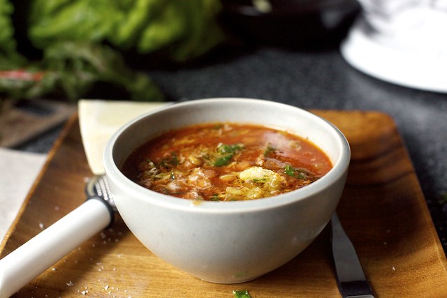 lentil soup with sausage, radish, garlic