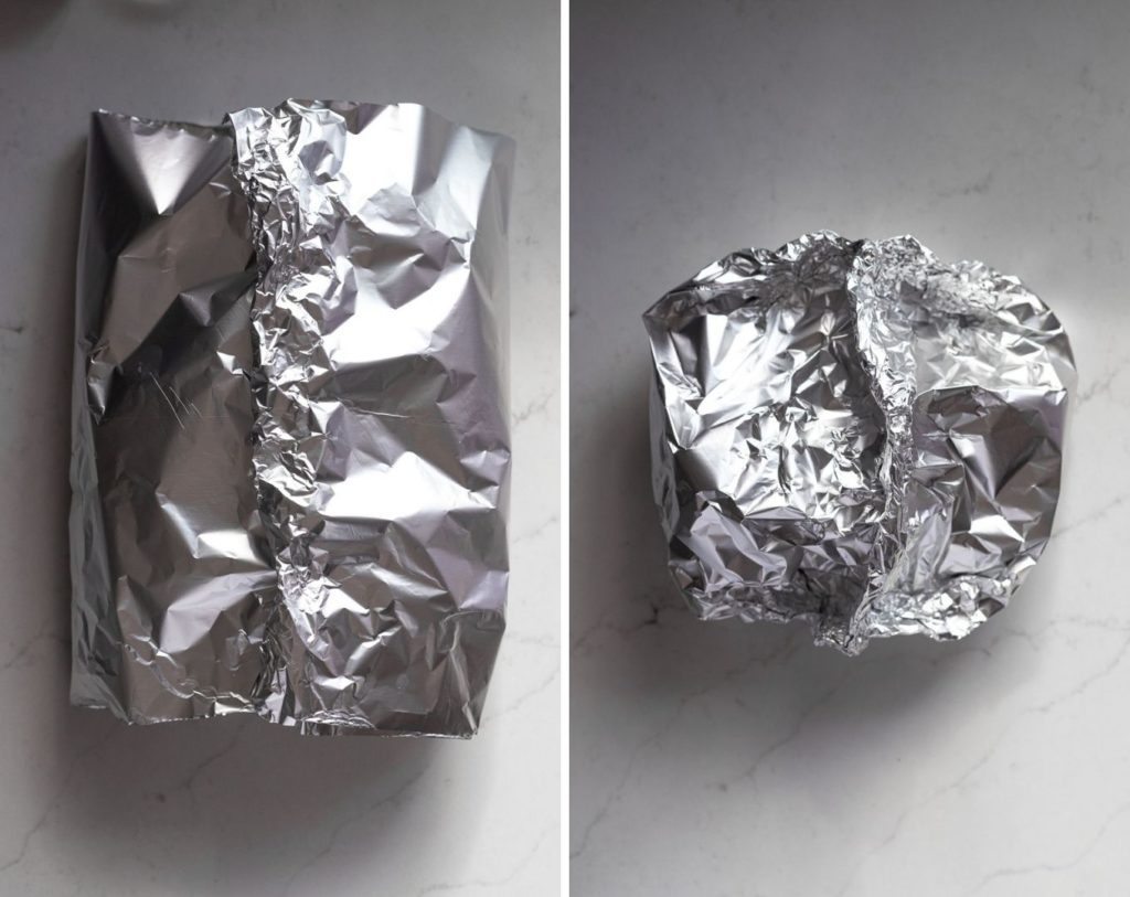 Two images: fold the center of the foil together then fold at the edges.