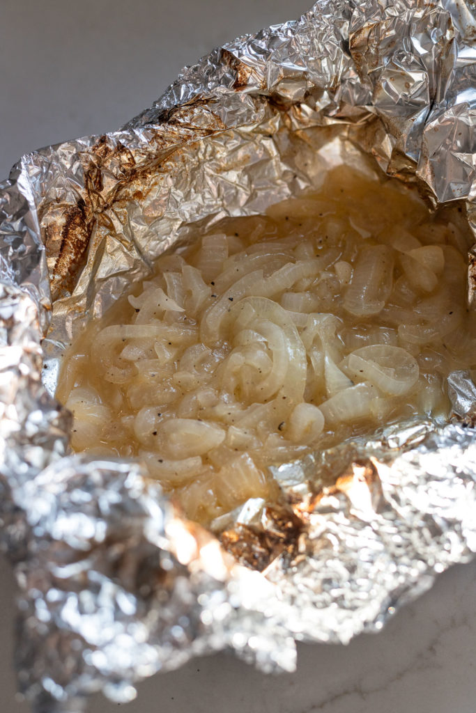 Open the foil package after baking with caramelized onions.