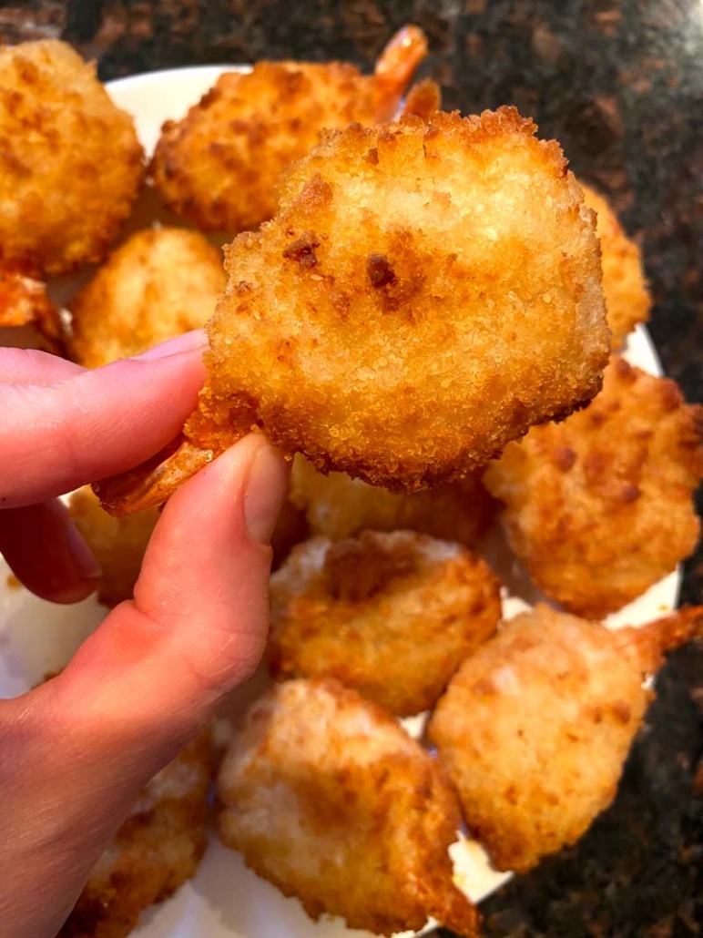 Edible breaded shrimp cooked in an air fryer