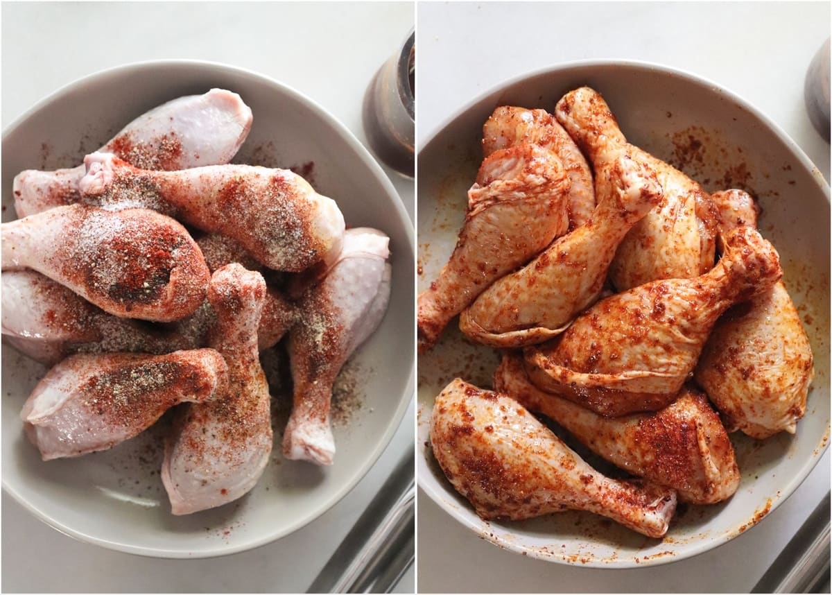 Side by side collage close-up image of chicken mixed with oil and spices.