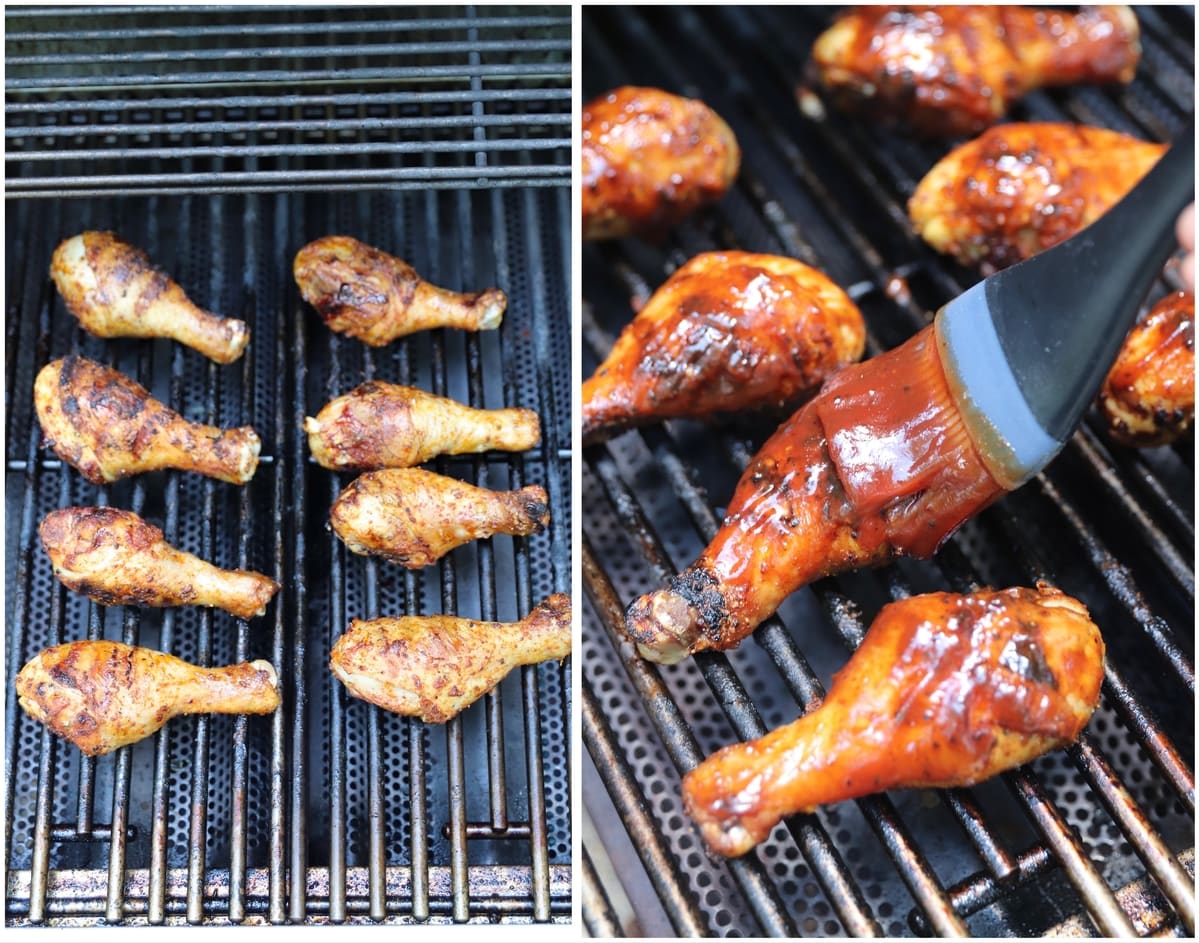 Collage of grilled chicken and a close-up of bbq sauce being scanned on.