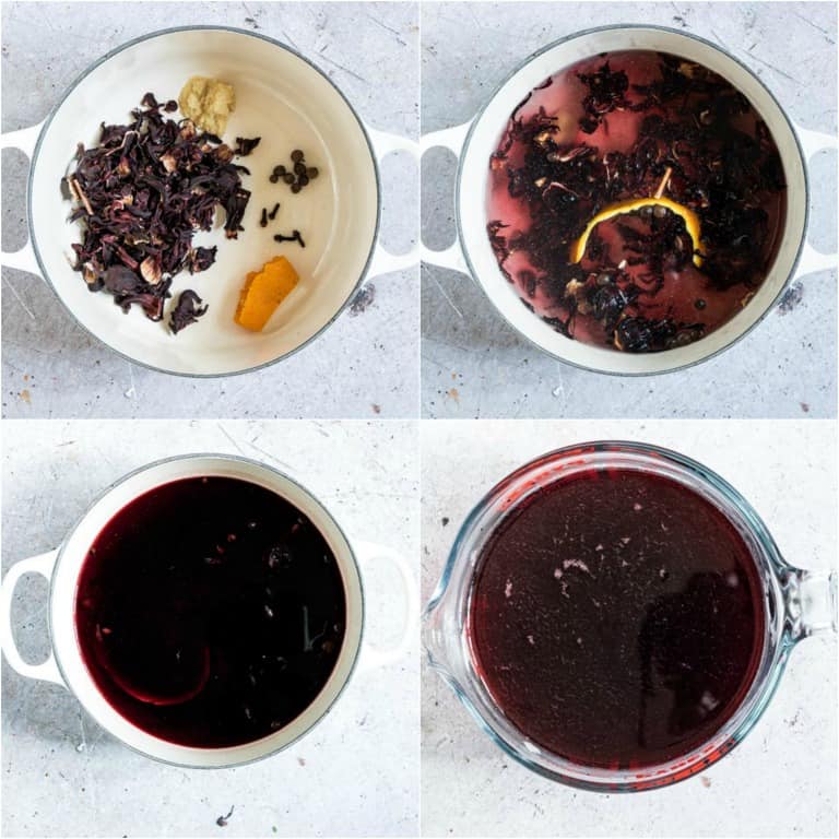 Photo collage showing the steps to make a drink from Jamaican sorrel