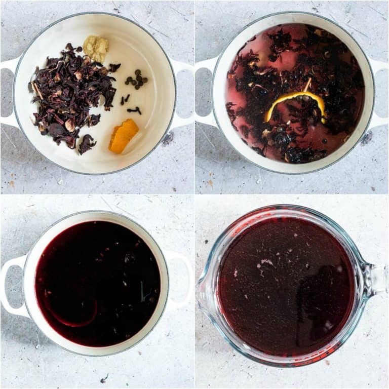 a glass with Jamaican Sorrel Drink next to pieces of dried hibiscus