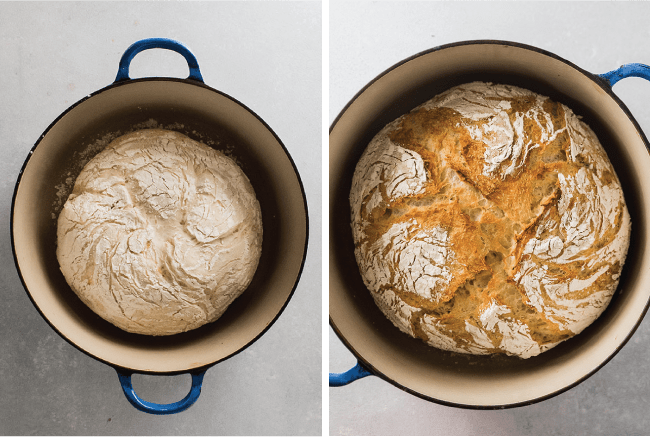 Bread dough in glass bowl on white countertop.