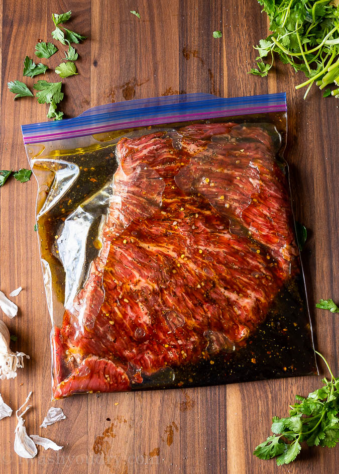 Marinate skirt meat in a sealed ziplock bag.