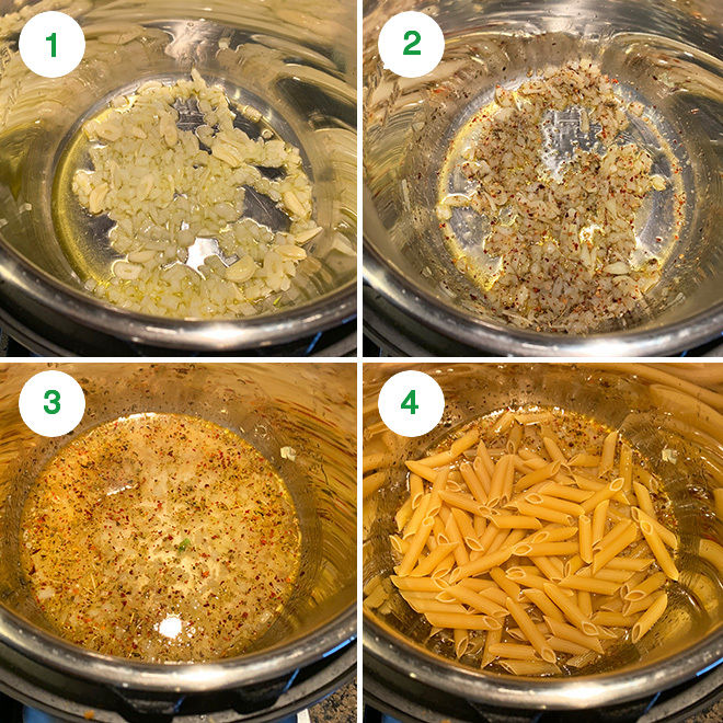step by step photo collage of how to make spaghetti with tomato basil cream sauce in an instant pot