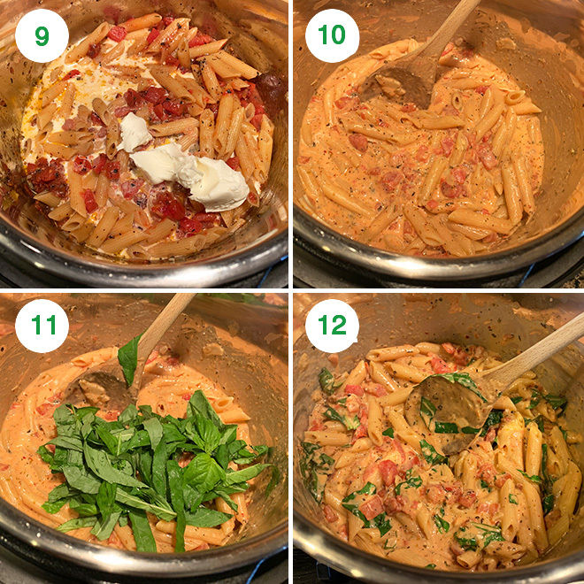 step by step photo collage of how to make spaghetti with tomato basil cream sauce in an instant pot