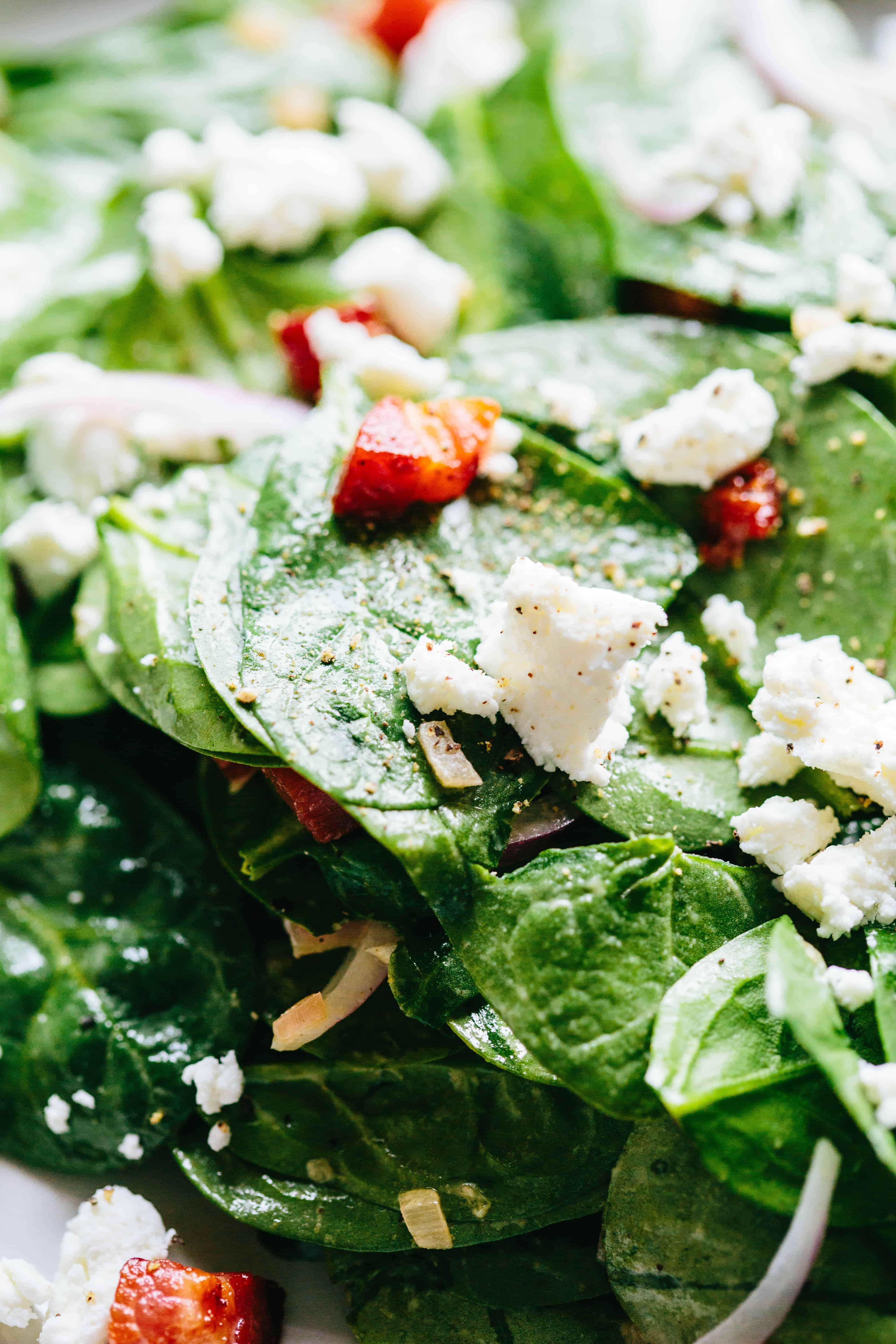 Close-up of spinach salad with goat cheese and pancetta