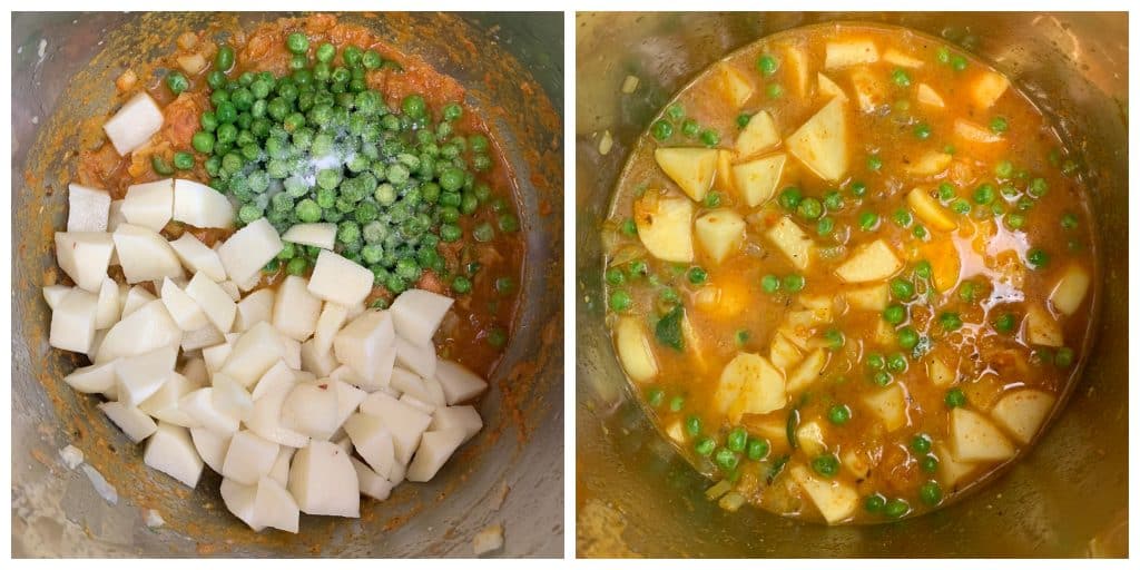 step add potatoes and peas to create matar pot aloo collage instantly