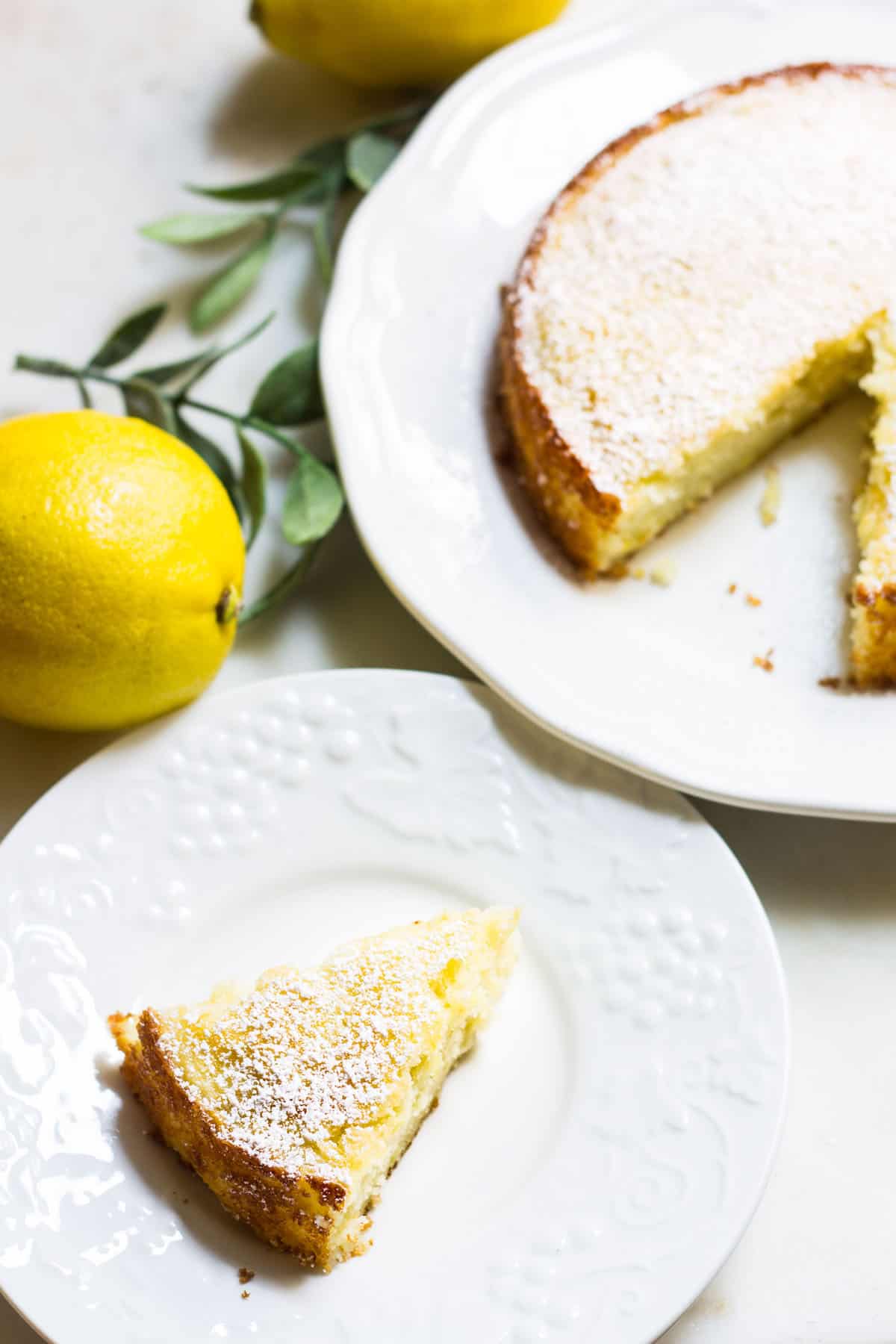 image of a piece of ricotta lemon cake on a plate