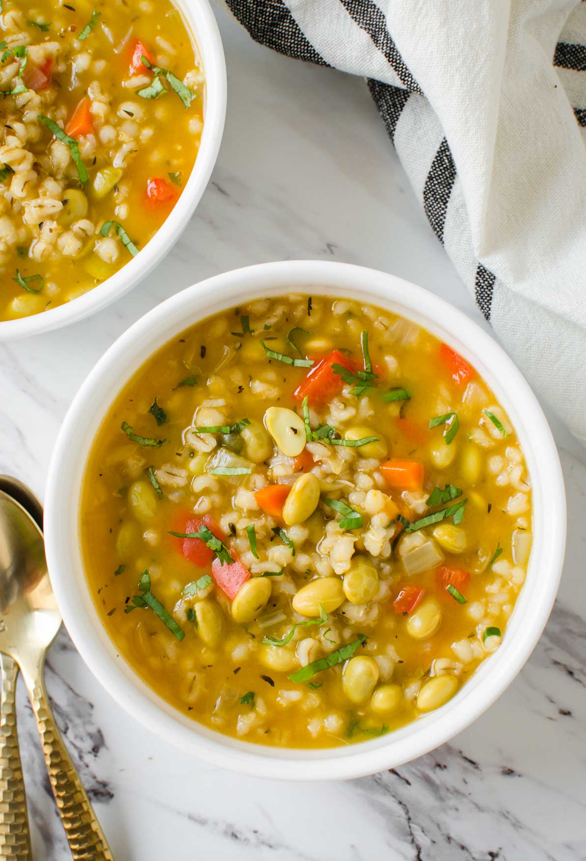 Instant Vegetable Barley Soup - Cook fresh vegetables and whole barley in the Instant Pot to make this delicious and nutritious barley soup in about 30 minutes. | # watchwhatueat # barley #barleysoup #vegan #instantpotsoup