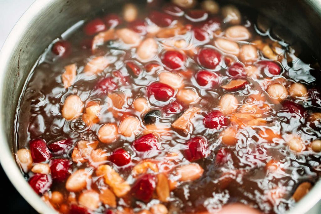 Close-up of a pot of soaking beans.