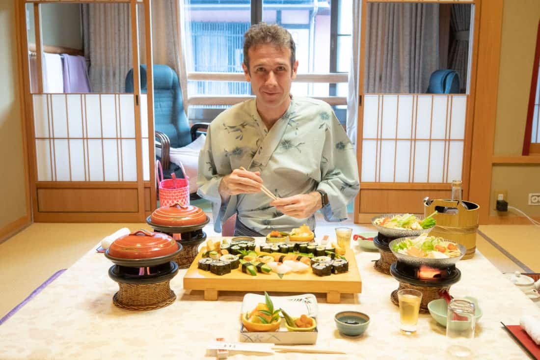 Simon wearing a kimono for our vegetarian sushi feast at Morizuya Ryokan in Kinosaki Onsen
