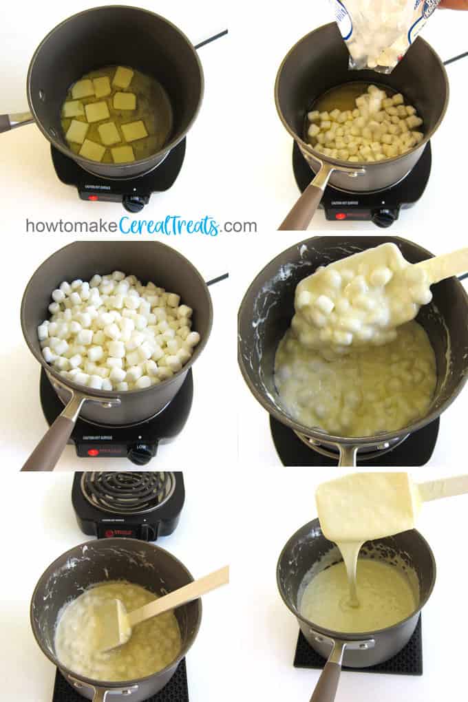 Melt butter and mini marshmallows in a medium saucepan, place on the stove over low heat.