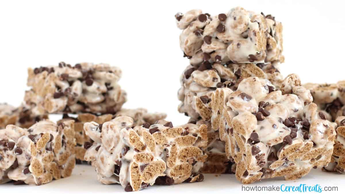 The Chocolate Chip Cookie Bar is made with Cookie Crisp cereal, marshmallows, butter, and chocolate chips.
