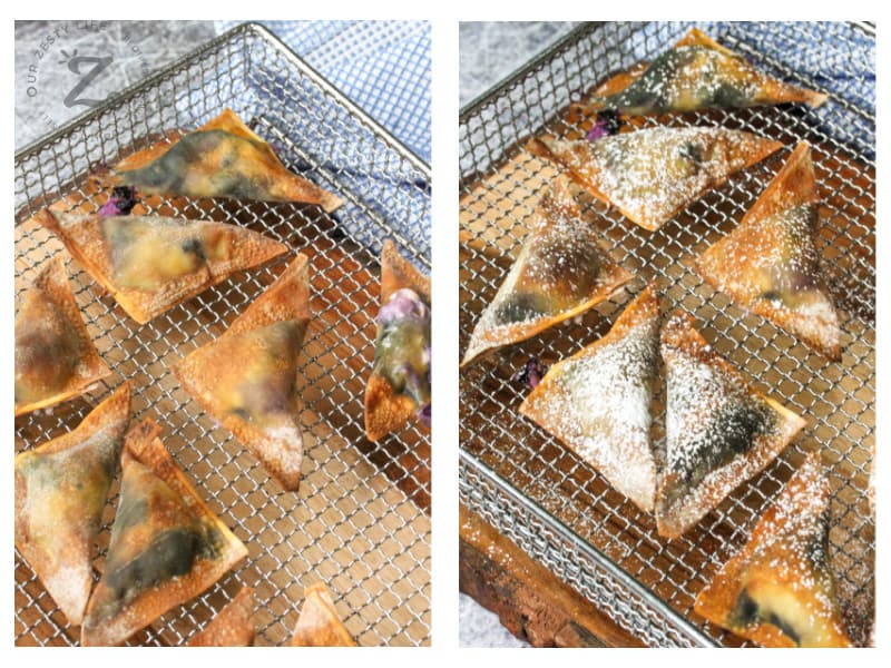 Air Fryer Blueberry Wontons on the shelf, one with powdered sugar on top and one without