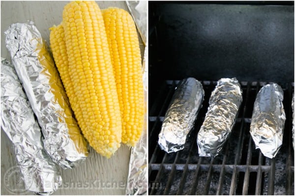 Corn cobs cooked in foil on the griddle