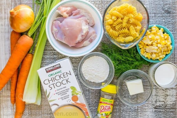 Ingredients for Creamy Chicken Noodles with Chicken Thighs and Rotinis