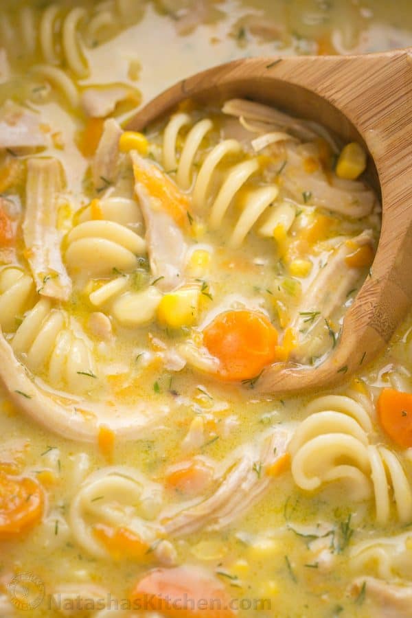 Creamy chicken noodle soup with shredded chicken, noodles and vegetables. Creamy chicken soup tastes like a chicken pot pie. Easy and loved by all! | takeoutfood.best