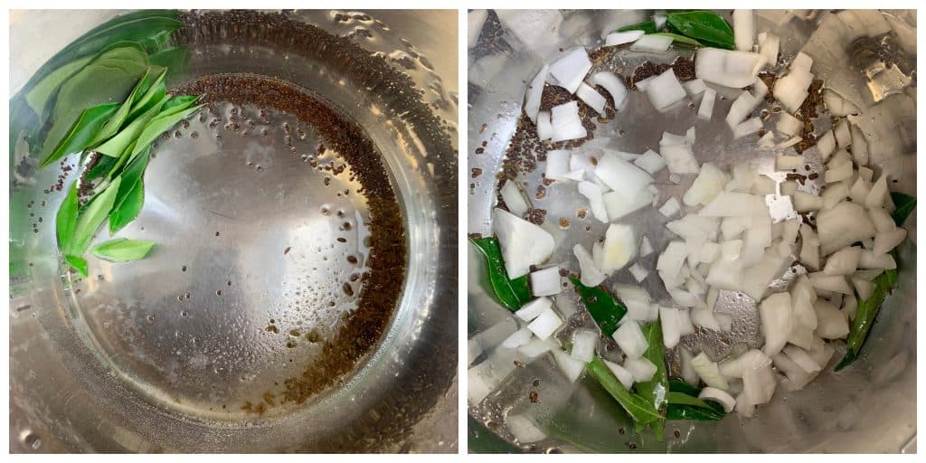 Step by step collage of curry leaves and onions