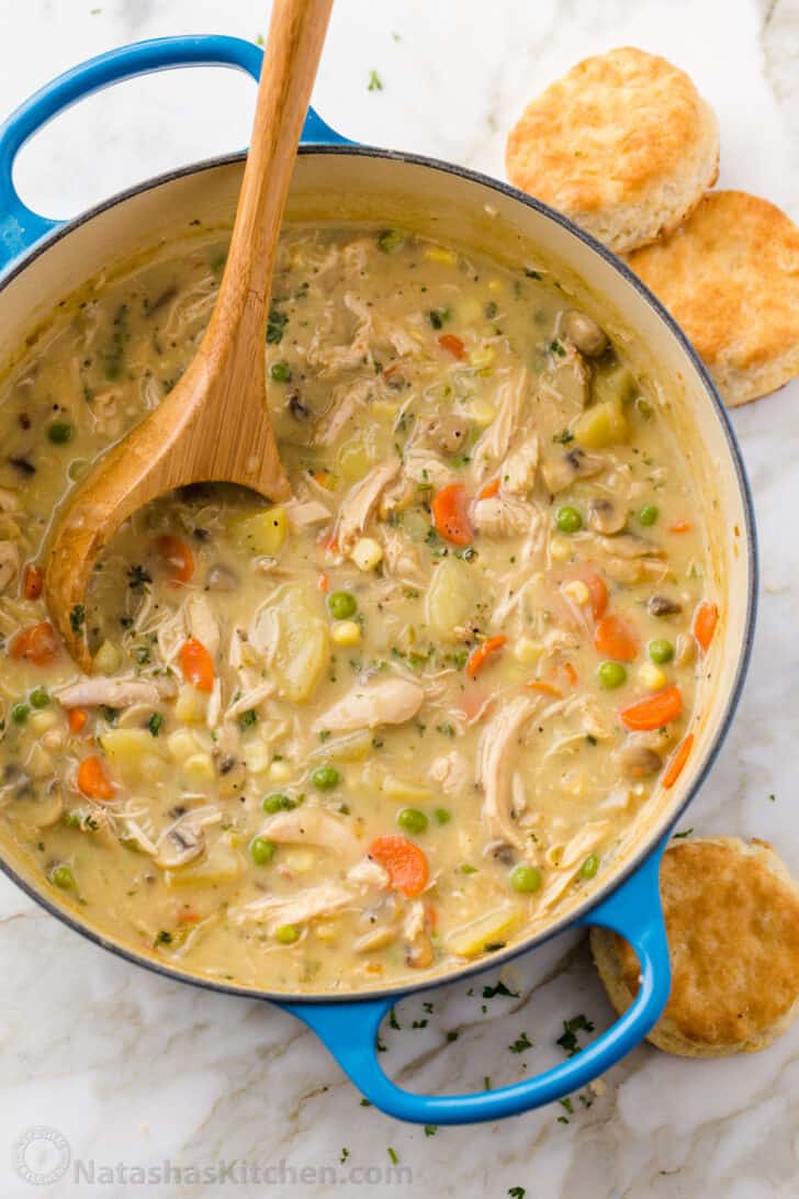 Pot Pie soup cooked in a Dutch oven