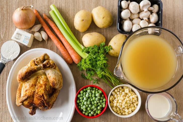 Ingredients for chicken cake soup with chicken, vegetables and potatoes.