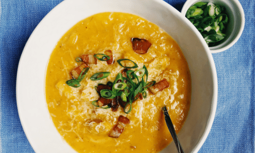 Roasted Red Pepper and Tomato Soup with Cheesy Croutons