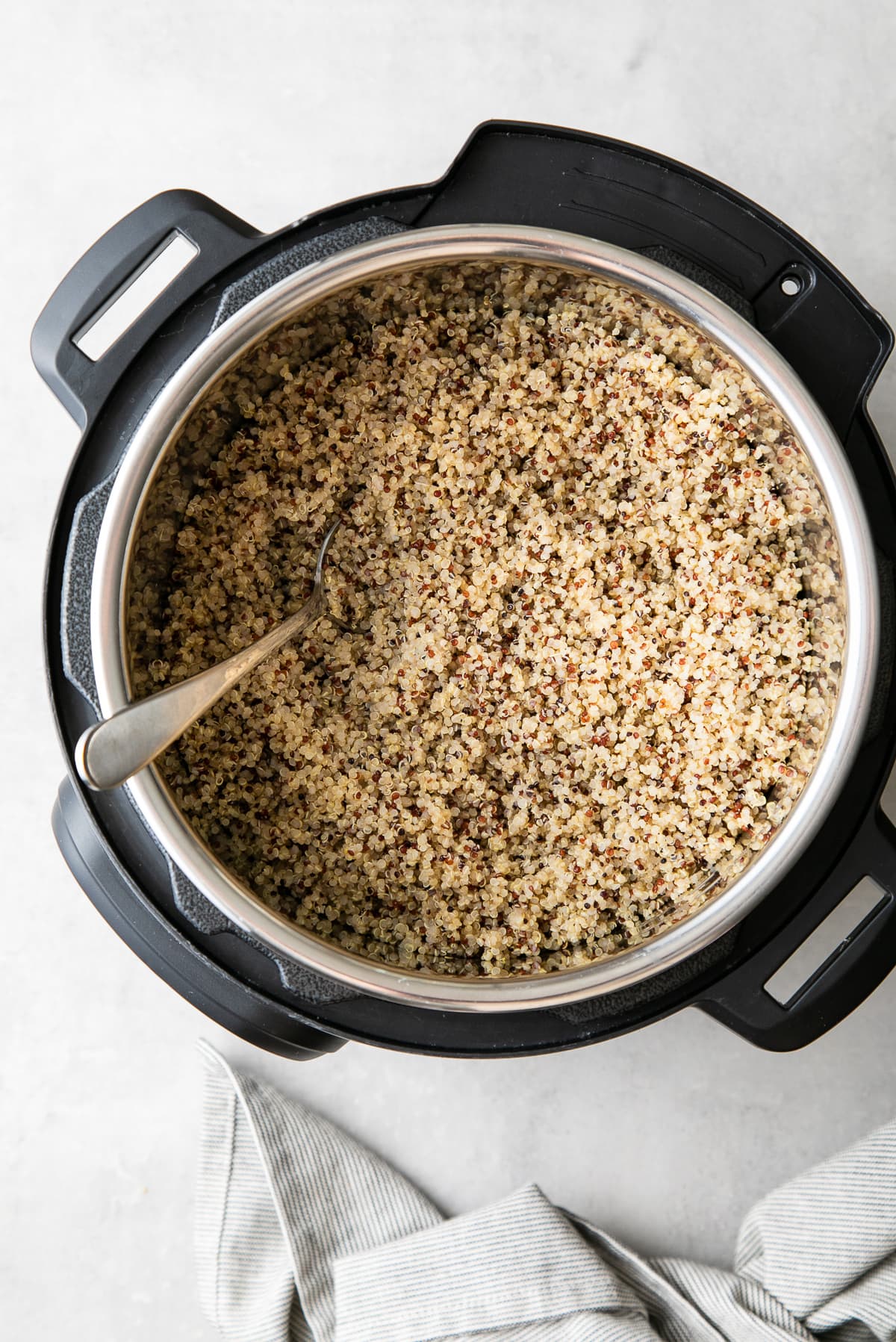 Top view of freshly made quinoa in an instant pot.