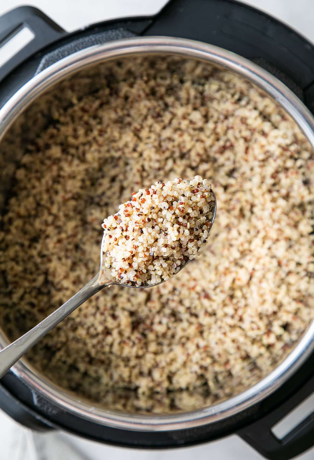 Top view of a freshly made instant pot quinoa spoon.
