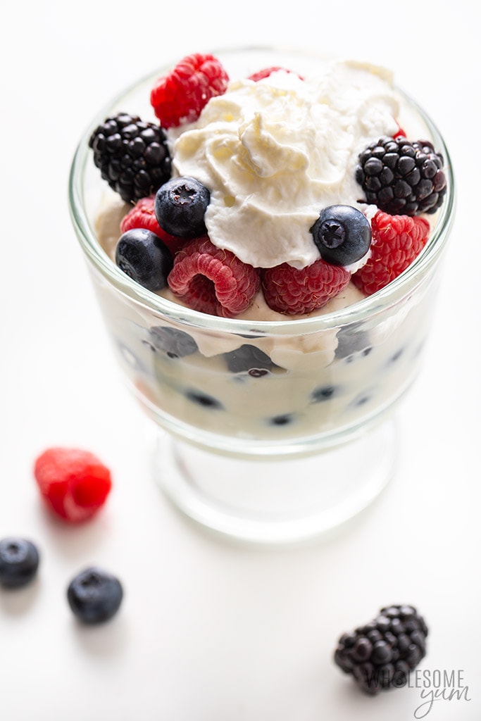 keto ricotta dessert recipe in triangle glass with berries