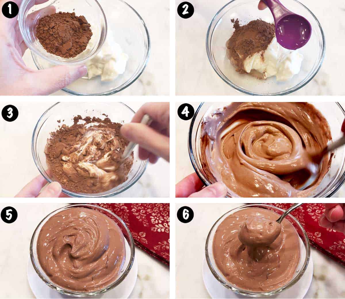 A photo collage of steps to make chocolate yogurt.