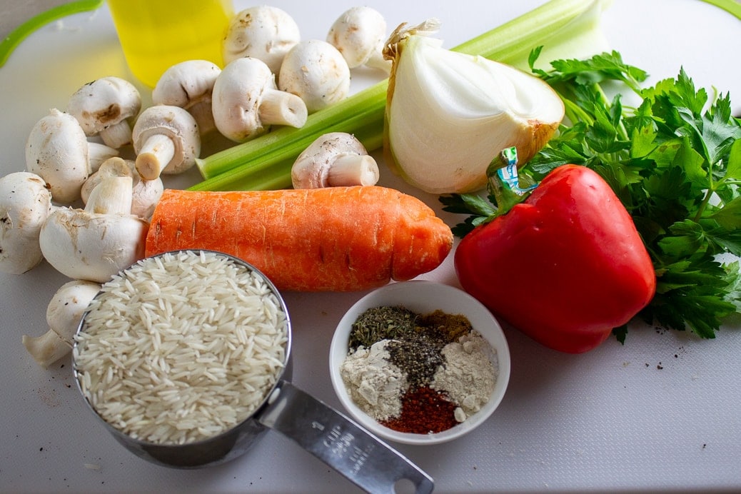 rice, carrot, onion, mushroom, celery, diced red pepper