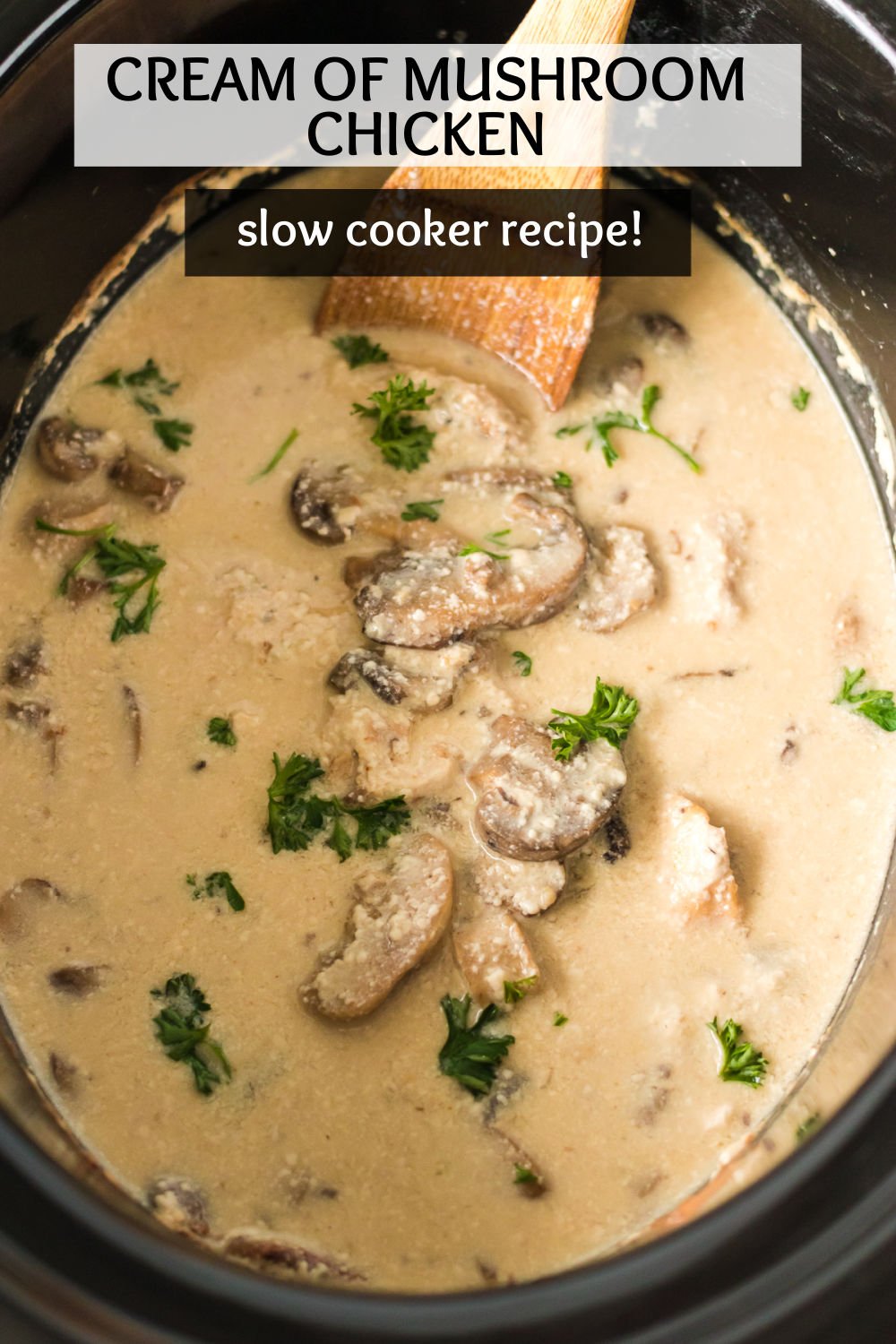 This easy Crockpot Creamy Mushroom Chicken is a family favorite, and for good reason! The creamy mushroom sauce makes a delicious sauce for avocado noodles, paella, or mashed potatoes. | takeoutfood.best