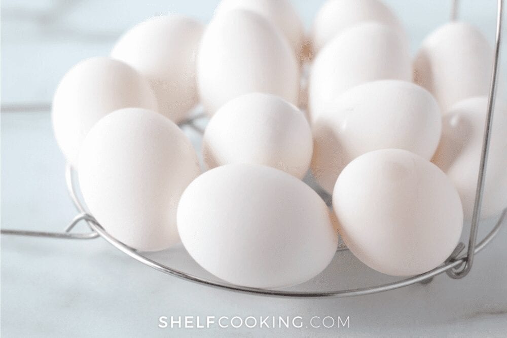 Close-up of hard-boiled eggs on a cooling rack, from Shelf Cooking