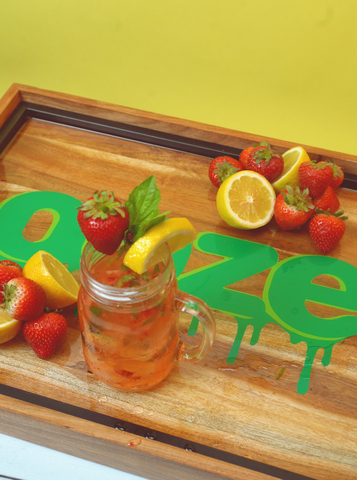 Strawberry lemonade on a wooden tray Ooze yellow background