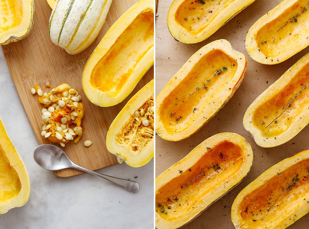 Side by side photos show the process of preparing delicious squash for roasting.