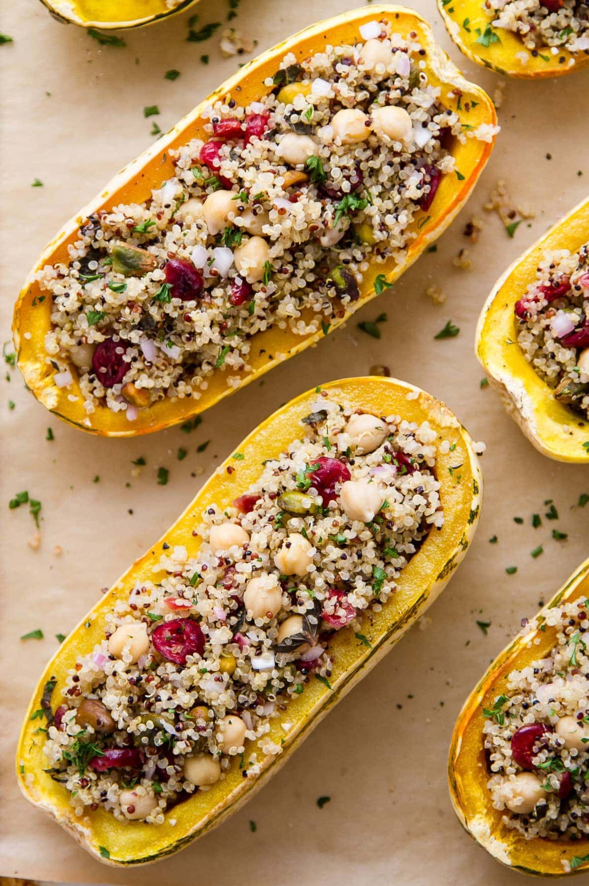Top view of squash stuffed with quinoa.