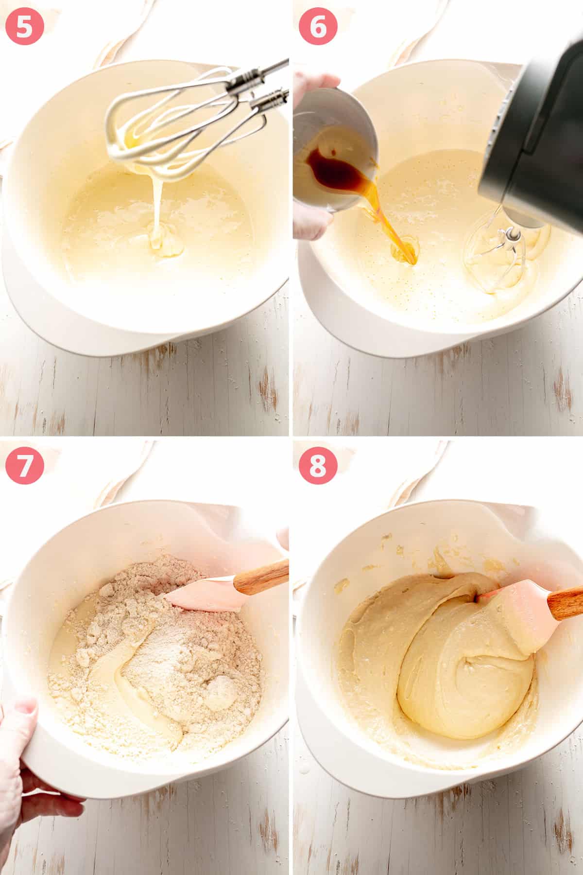 The collage shows the mixture simmering, adding vanilla and oil, folding in dry ingredients and then adding water.