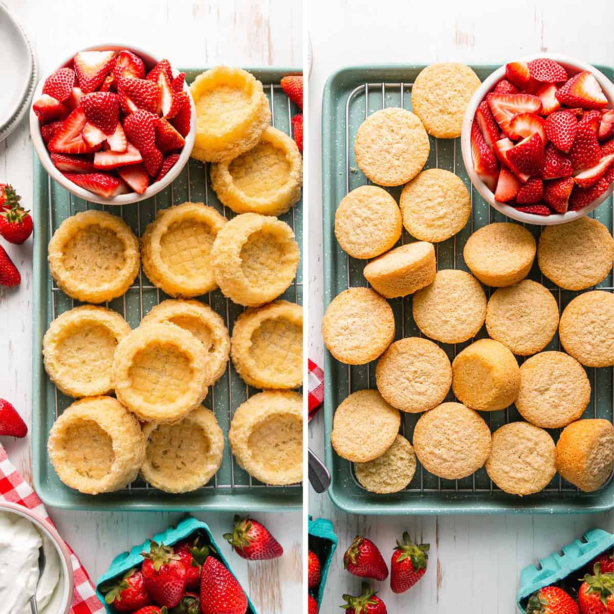 A blue speckled pan full of dessert shells and a pan full of cupcakes flanked by bowls of strawberries.