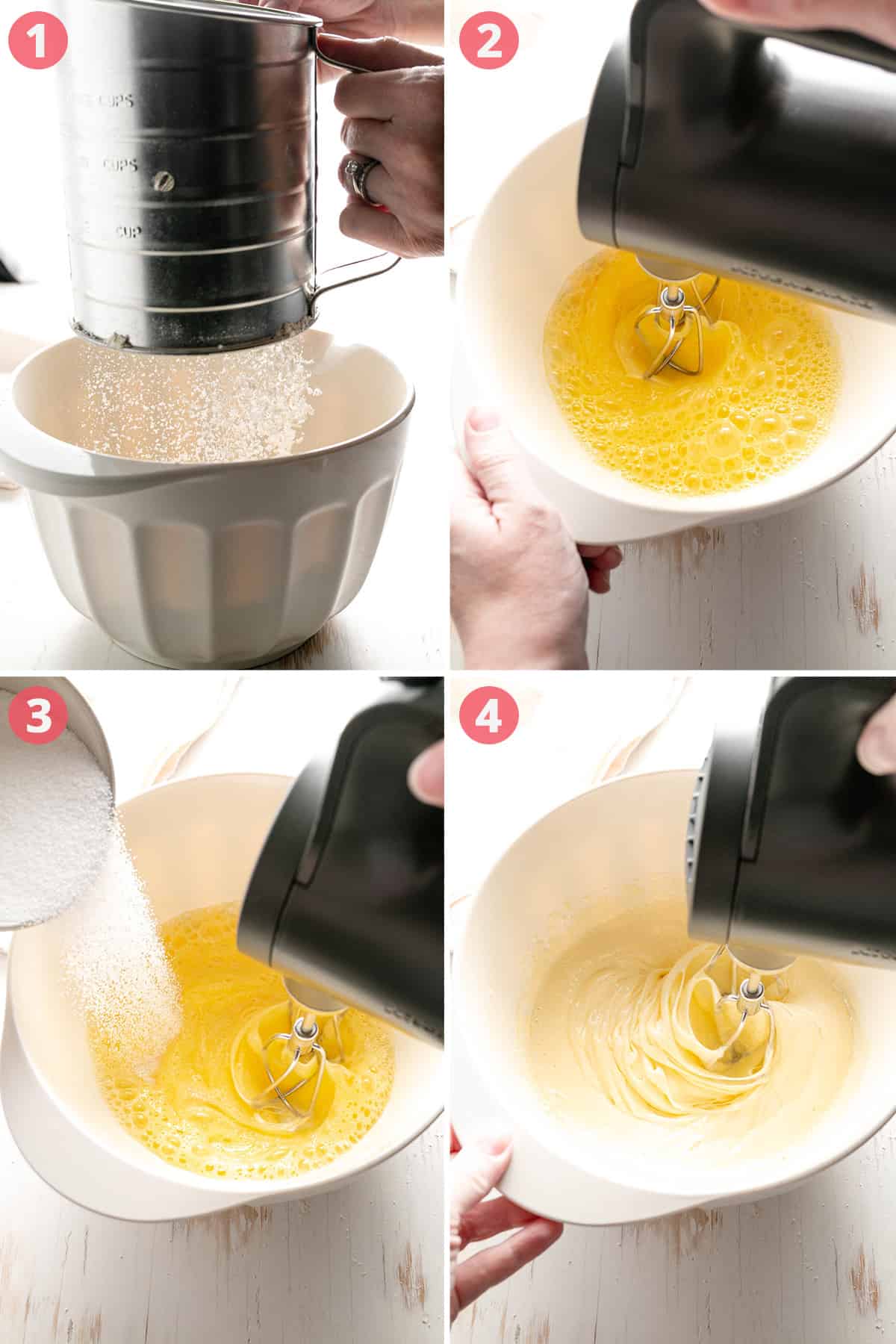 The composite image shows sifted flour in a bowl, whisking eggs until foamy, sugar in eggs, whisking until thickened and light in color.