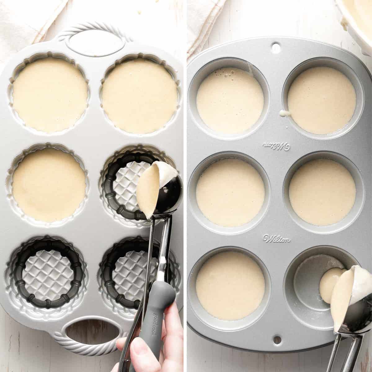 The collage shows the dough being scooped into a Nordic Ware pan and muffin tin.