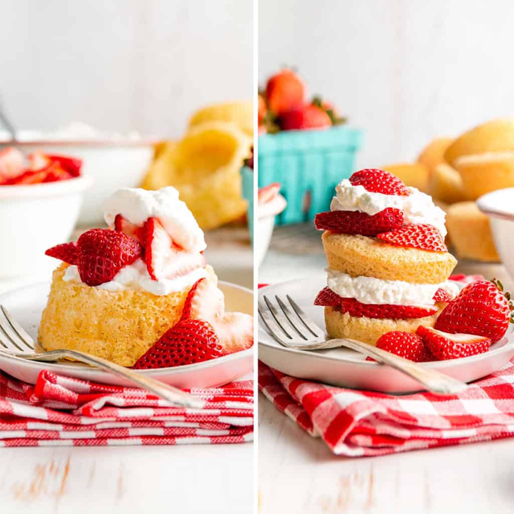 Strawberry biscuits layered with whipped cream and sliced ​​strawberries on red tissue paper.