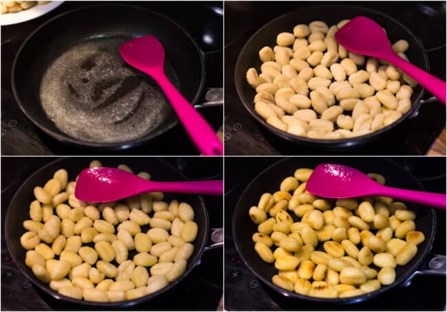 Fried gnocchi on a pan.